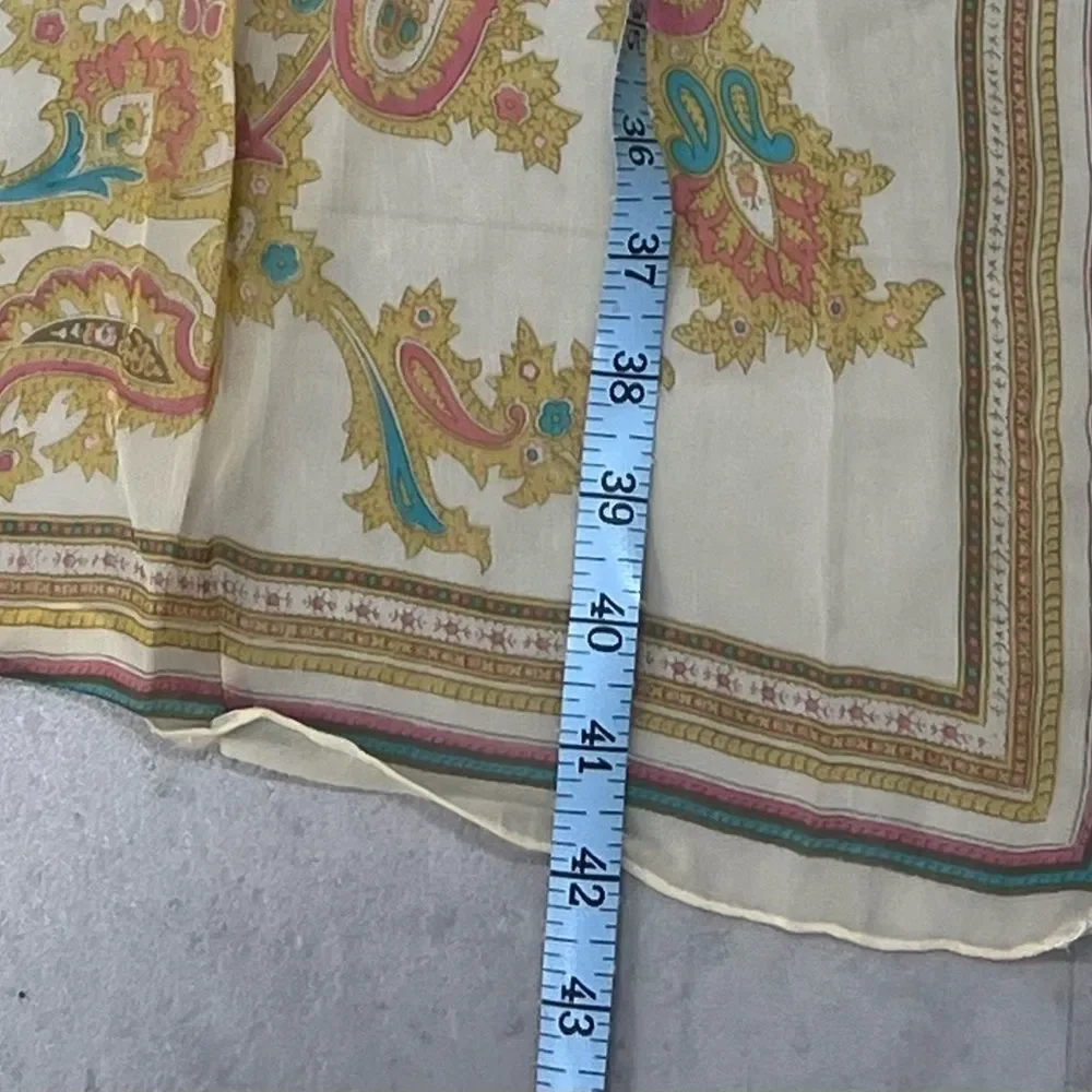 Vintage Scarf Rectangular Gold Green Paisley 100% Rayon‎ Hand Rolled Japan 42X16